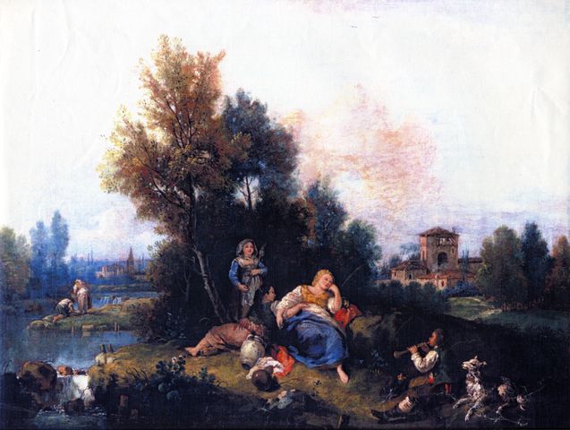 Anonimo — Anonimo veneziano - sec. XVIII - Paesaggio con fiume, borgo, lavandaie e pastorelle — insieme